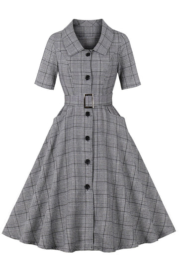 Grå rutete jakkeslag hals Vintage 1950-tallet kjole